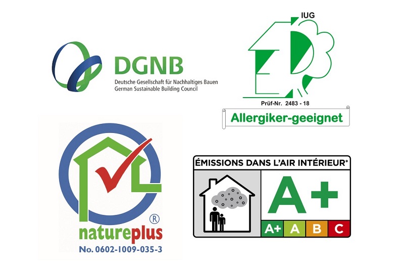 Certifications et labels natureplus, DGBN, A+, et adapté aux allergiques